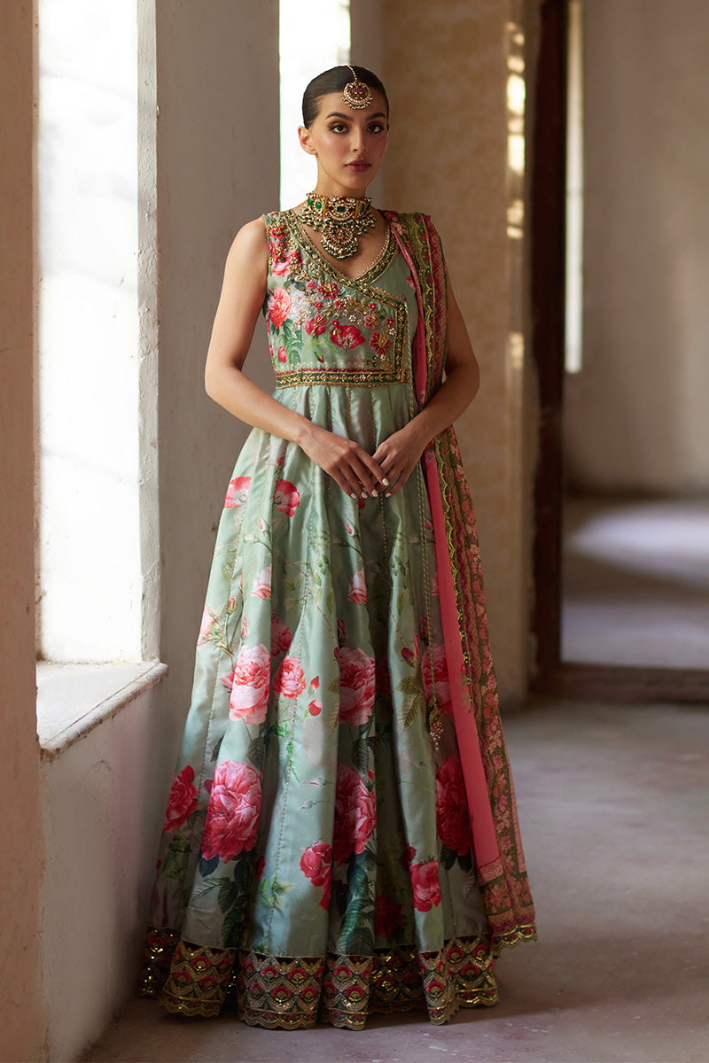 Indian Sage Green Floral Embroidered Cotton Silk Angrakha (2-Piece) - Image 6