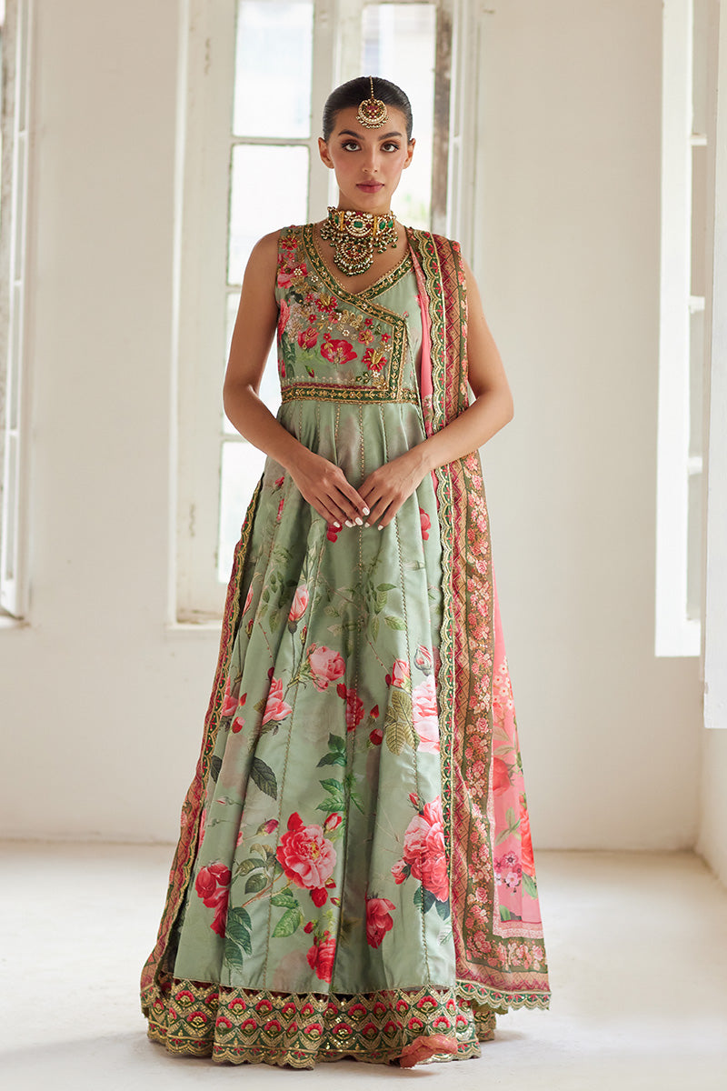 Indian Sage Green Floral Embroidered Cotton Silk Angrakha (2-Piece) - Image 7