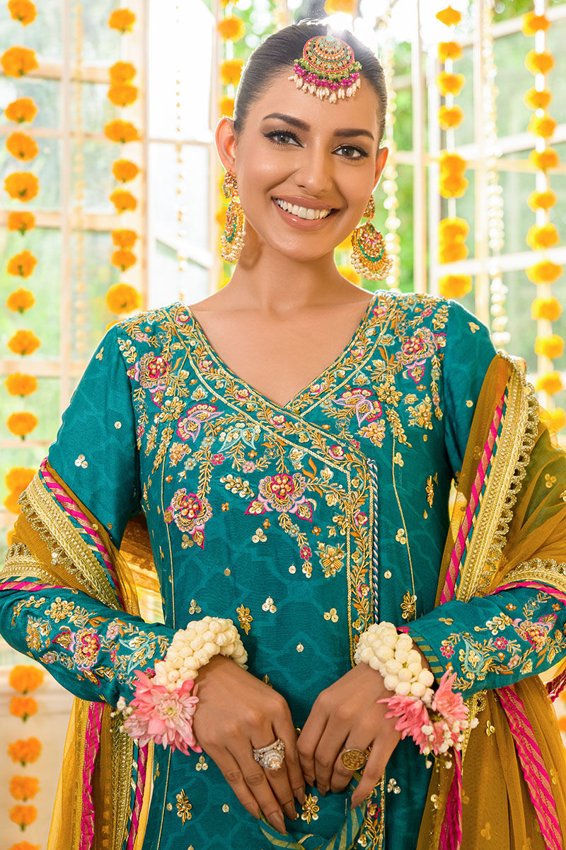 Pakistani Sea Green Embroidered Khadi Net Angrakha (3-Piece) - Image 2