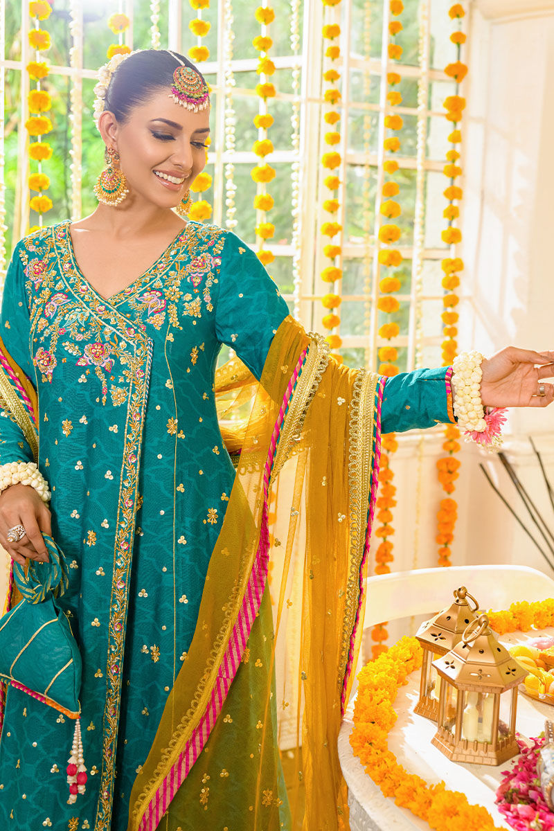 Pakistani Sea Green Embroidered Khadi Net Angrakha (3-Piece) - Image 4