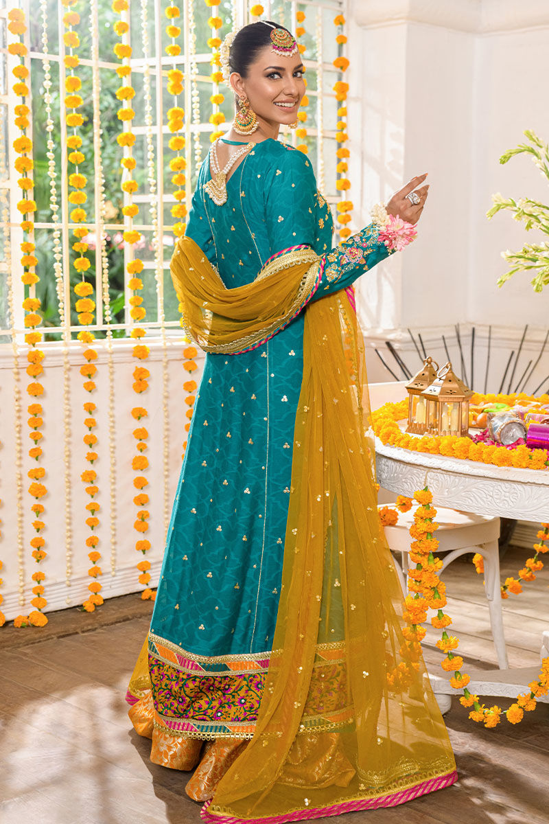 Pakistani Sea Green Embroidered Khadi Net Angrakha (3-Piece) - Image 5