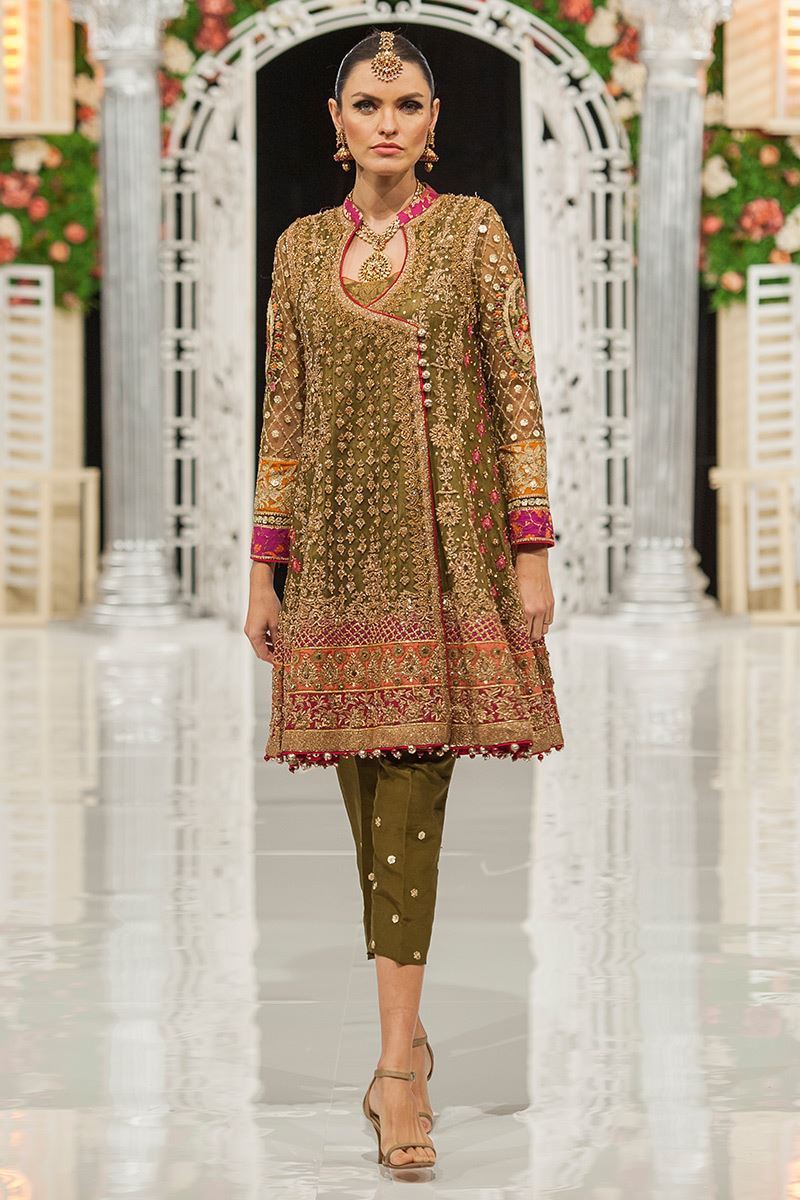 Mehndi Green Embroidered Net Angrakha (3-Piece) - Image 1