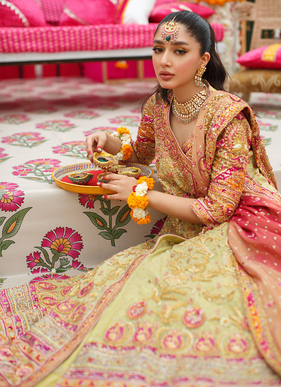 Pakistani Lime Embroidered Net Angarkha Dress (3-Piece) - Image 2