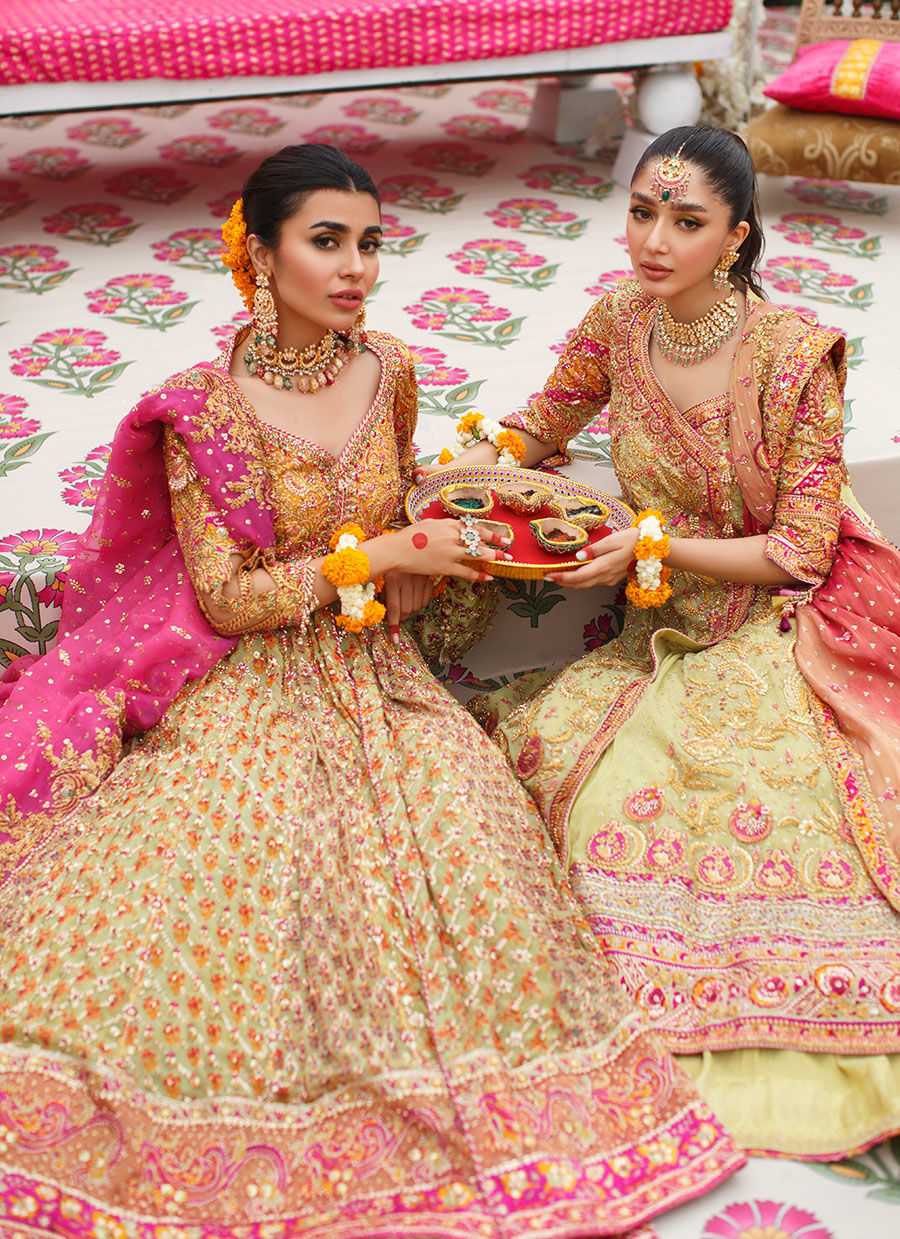 Pakistani Lime Embroidered Net Angarkha Dress (3-Piece) - Image 3