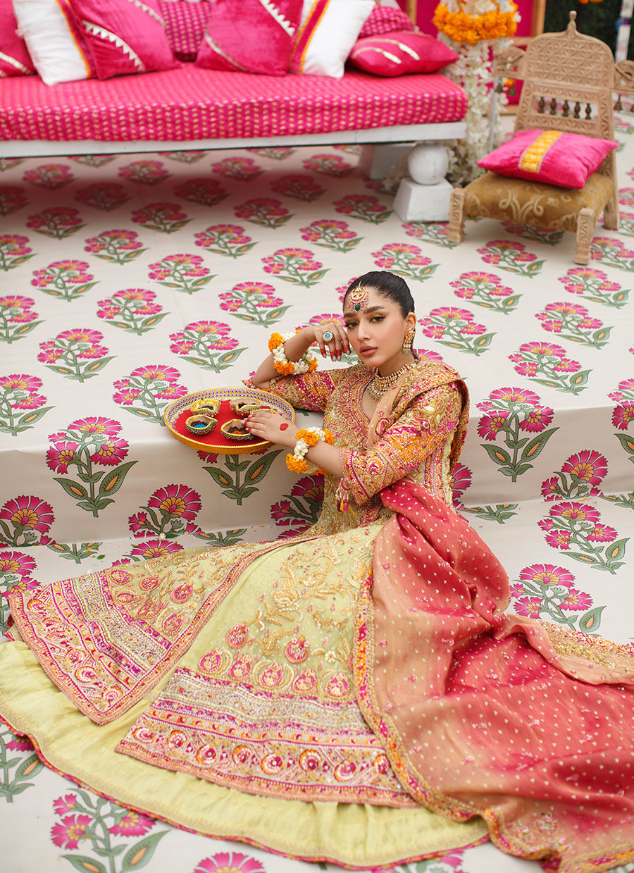 Pakistani Lime Embroidered Net Angarkha Dress (3-Piece) - Image 4