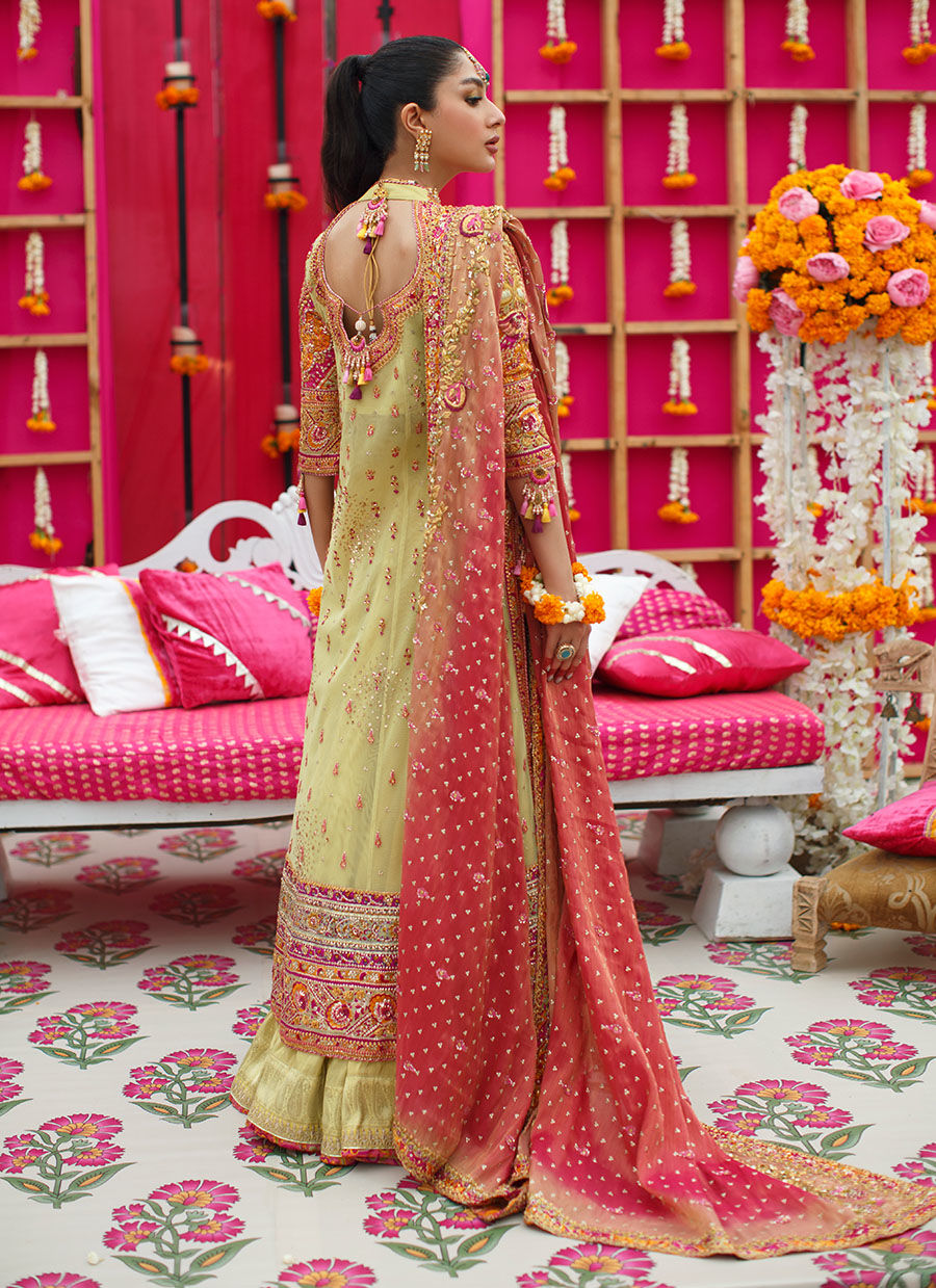 Pakistani Lime Embroidered Net Angarkha Dress (3-Piece) - Image 5