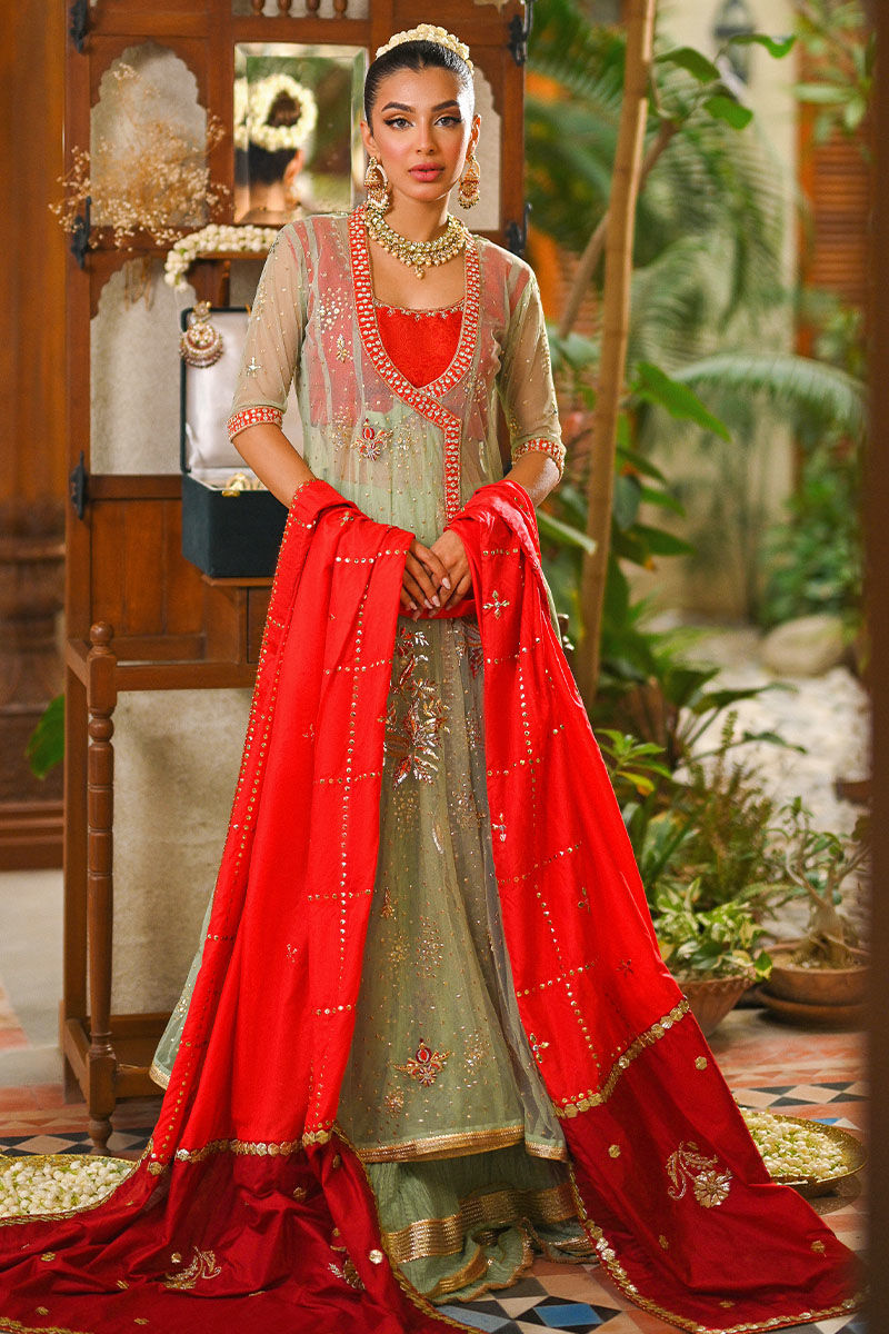 Mint Green Embroidered Net Kalidar Angrakha (3-Piece) - Image 1