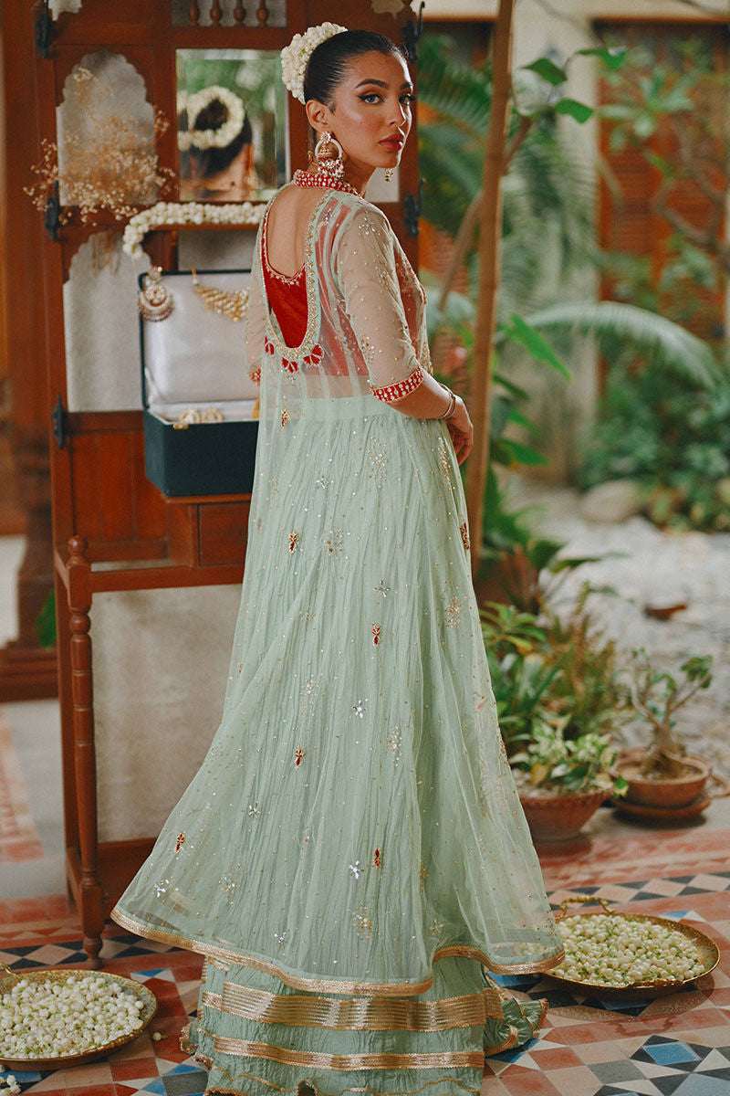Mint Green Embroidered Net Kalidar Angrakha (3-Piece) - Image 16