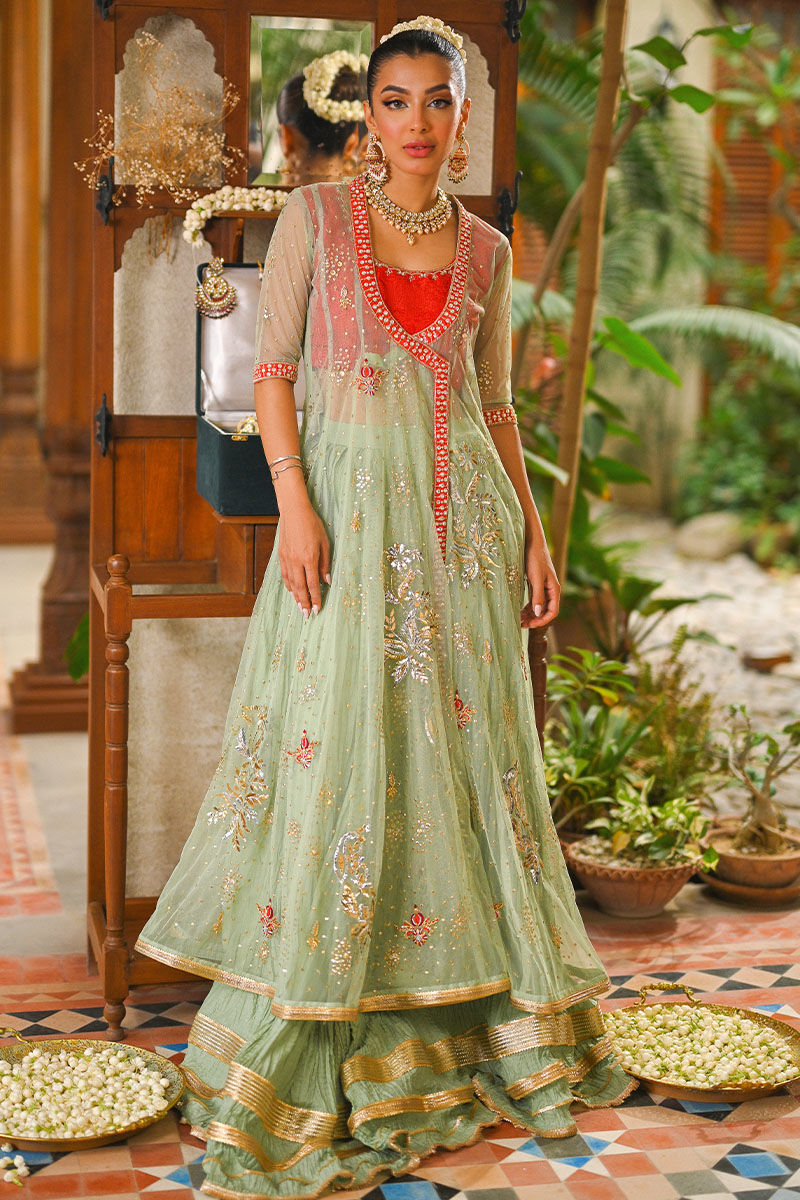 Mint Green Embroidered Net Kalidar Angrakha (3-Piece) - Image 2