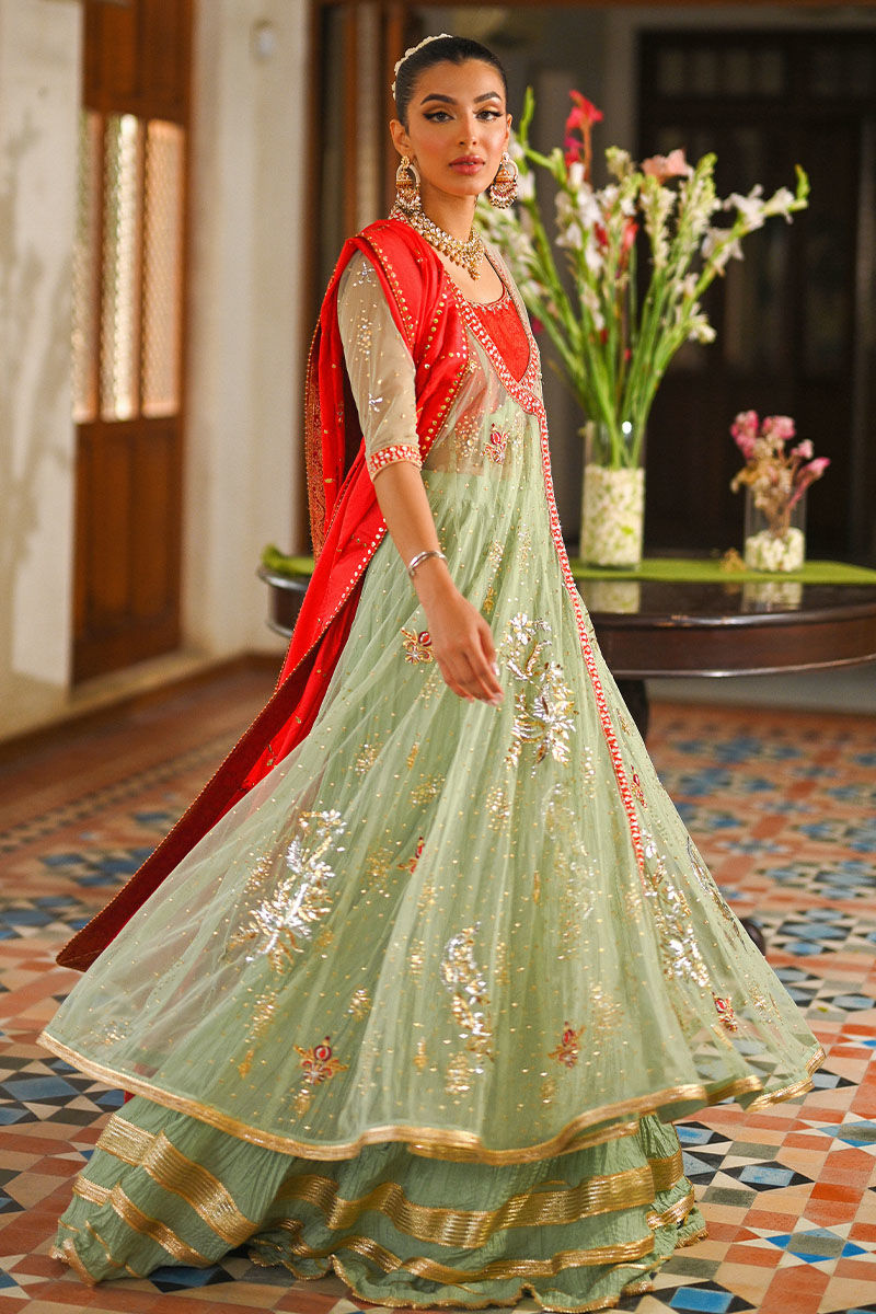 Mint Green Embroidered Net Kalidar Angrakha (3-Piece) - Image 7