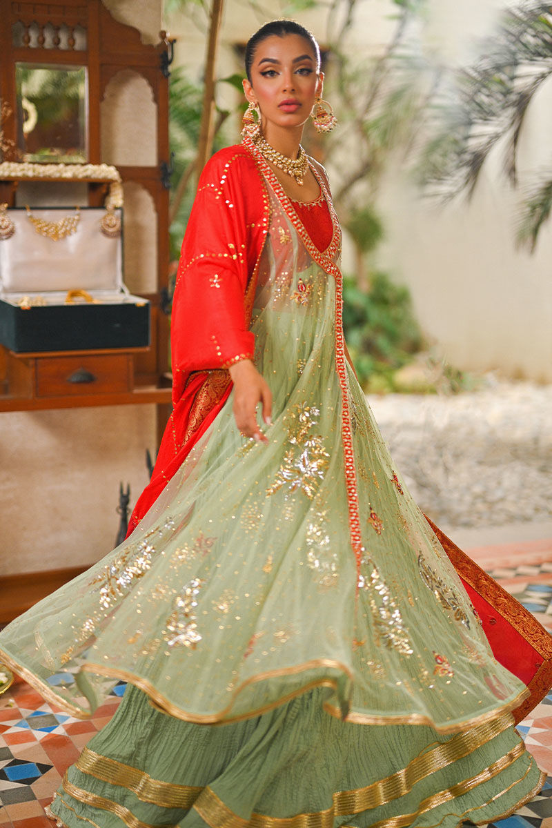 Mint Green Embroidered Net Kalidar Angrakha (3-Piece) - Image 9