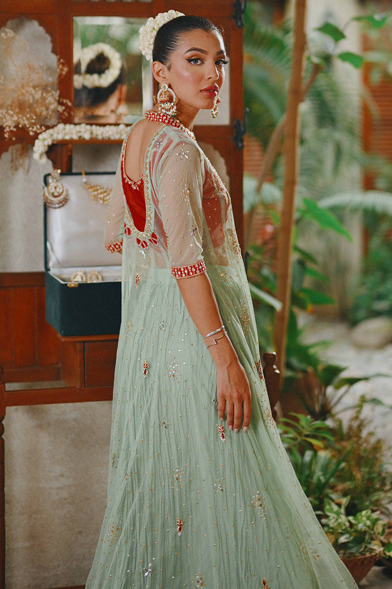 Mint Green Embellished Net & Silk Kalidar Angrakha (3-Piece) - Image 13