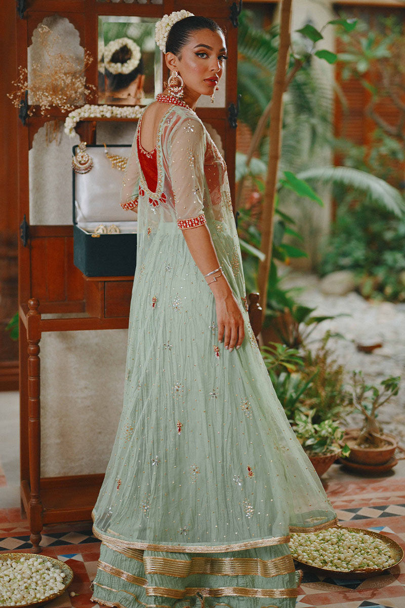 Mint Green Embellished Net & Silk Kalidar Angrakha (3-Piece) - Image 15