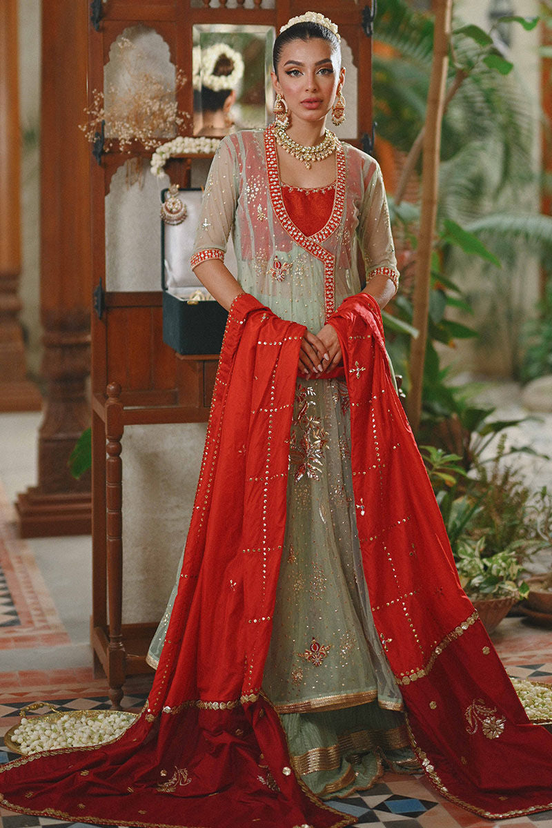 Mint Green Embellished Net & Silk Kalidar Angrakha (3-Piece) - Image 16