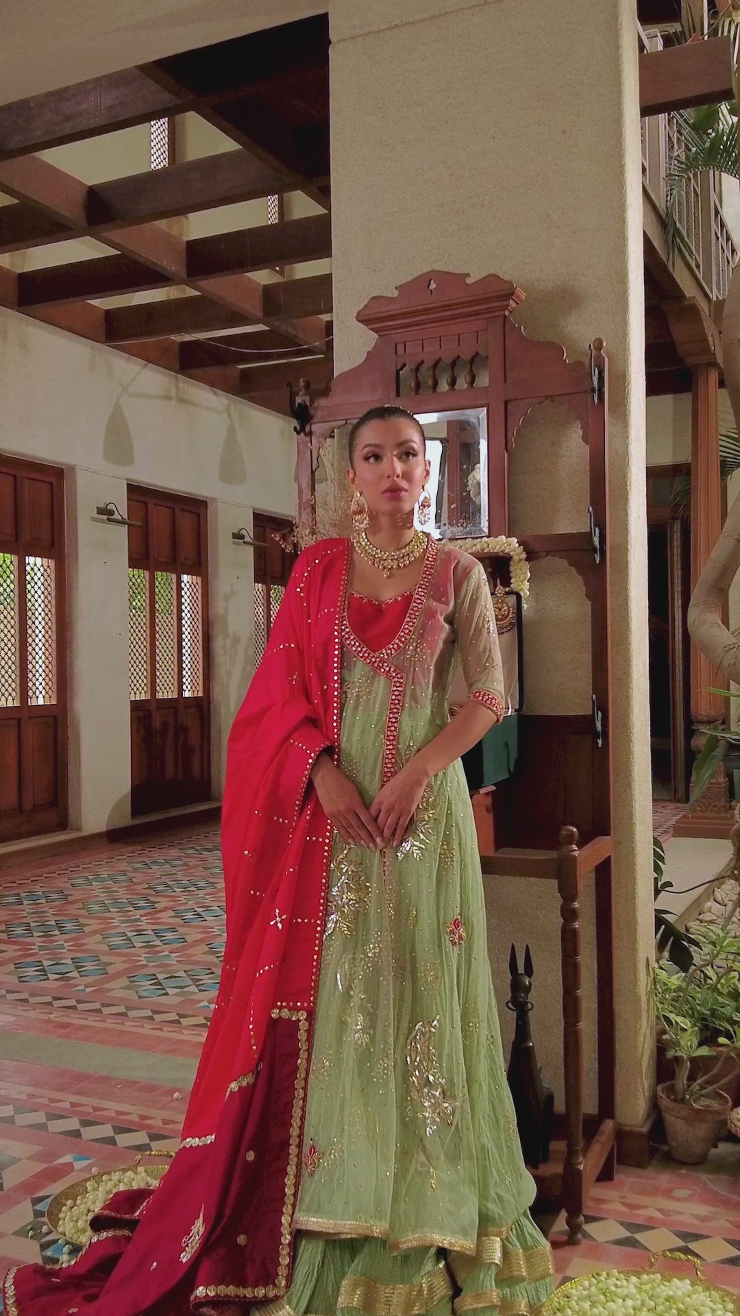 Mint Green Embellished Net & Silk Kalidar Angrakha (3-Piece) - Image 17