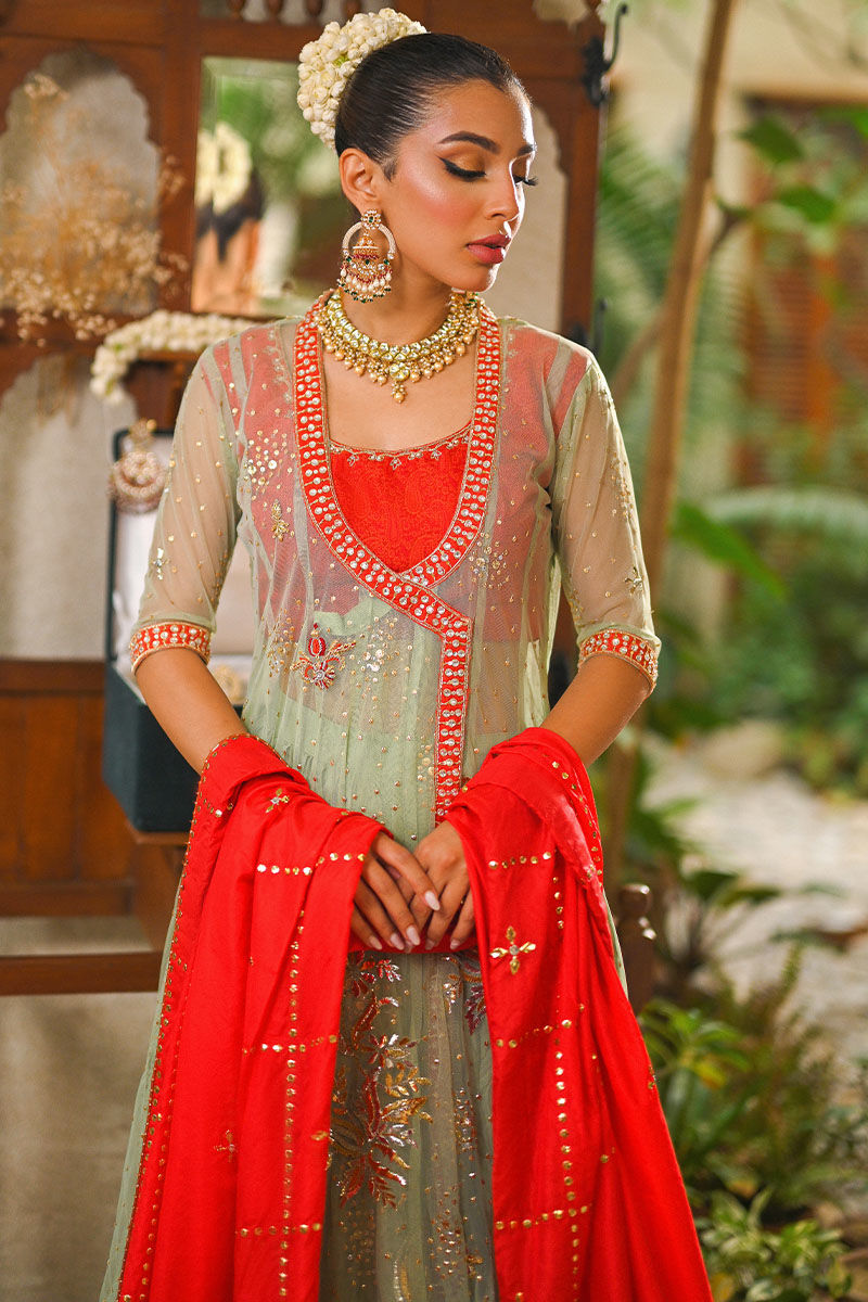 Mint Green Embellished Net & Silk Kalidar Angrakha (3-Piece) - Image 3
