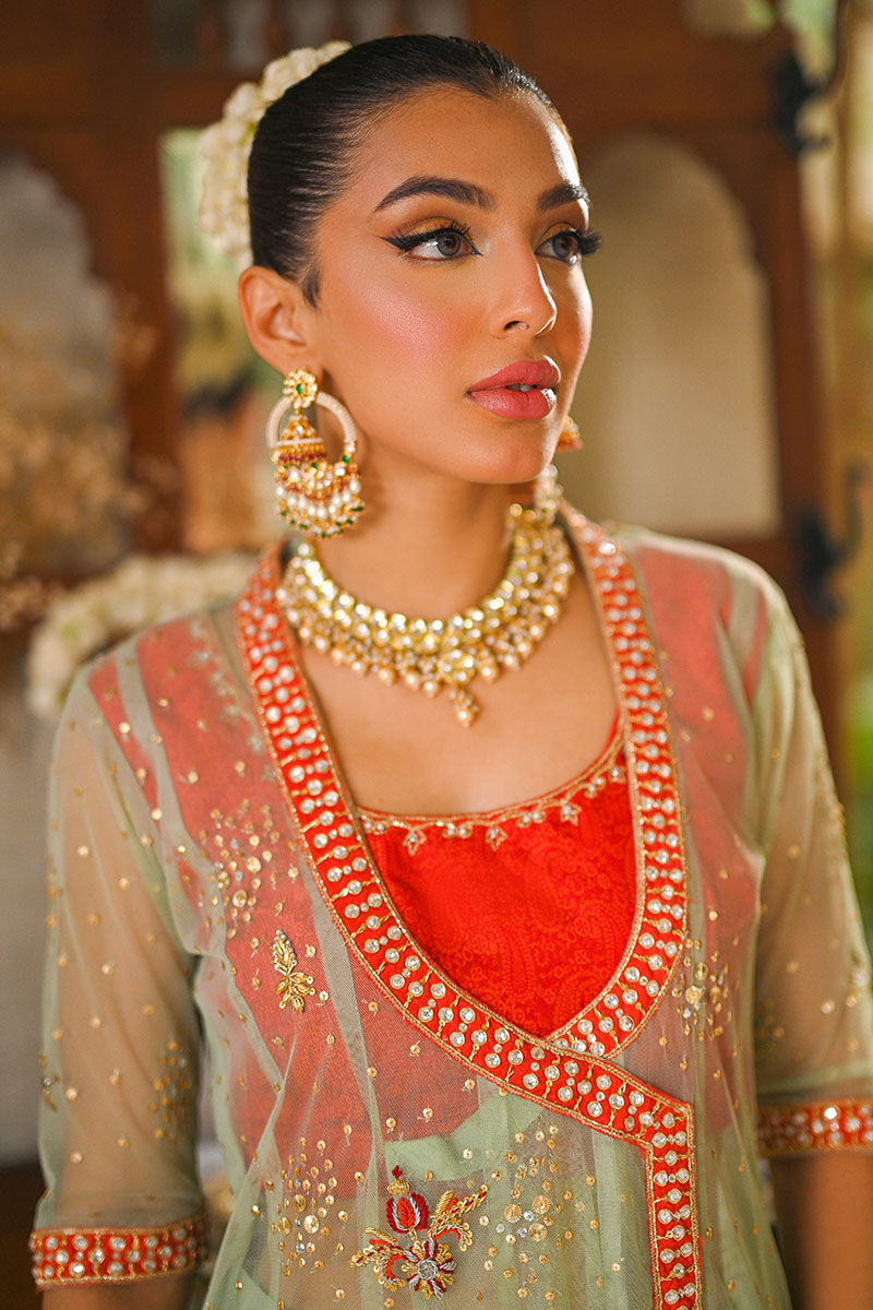 Mint Green Embellished Net & Silk Kalidar Angrakha (3-Piece) - Image 4