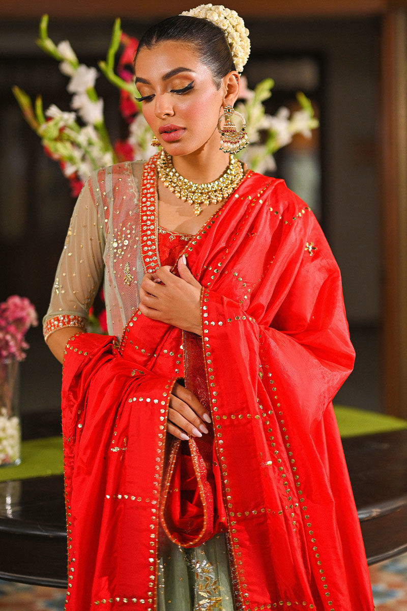 Mint Green Embellished Net & Silk Kalidar Angrakha (3-Piece) - Image 7