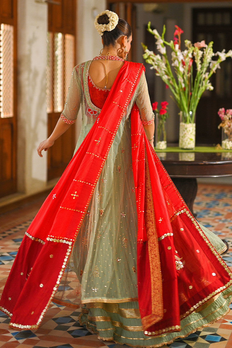 Mint Green Embellished Net & Silk Kalidar Angrakha (3-Piece) - Image 8