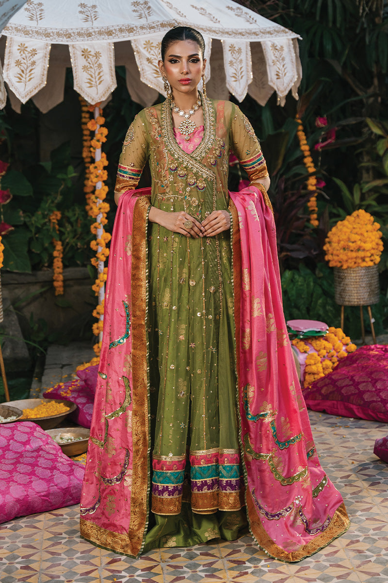 Moss Green Zardozi Net Angrakha Lehenga (3-Piece) - Image 1