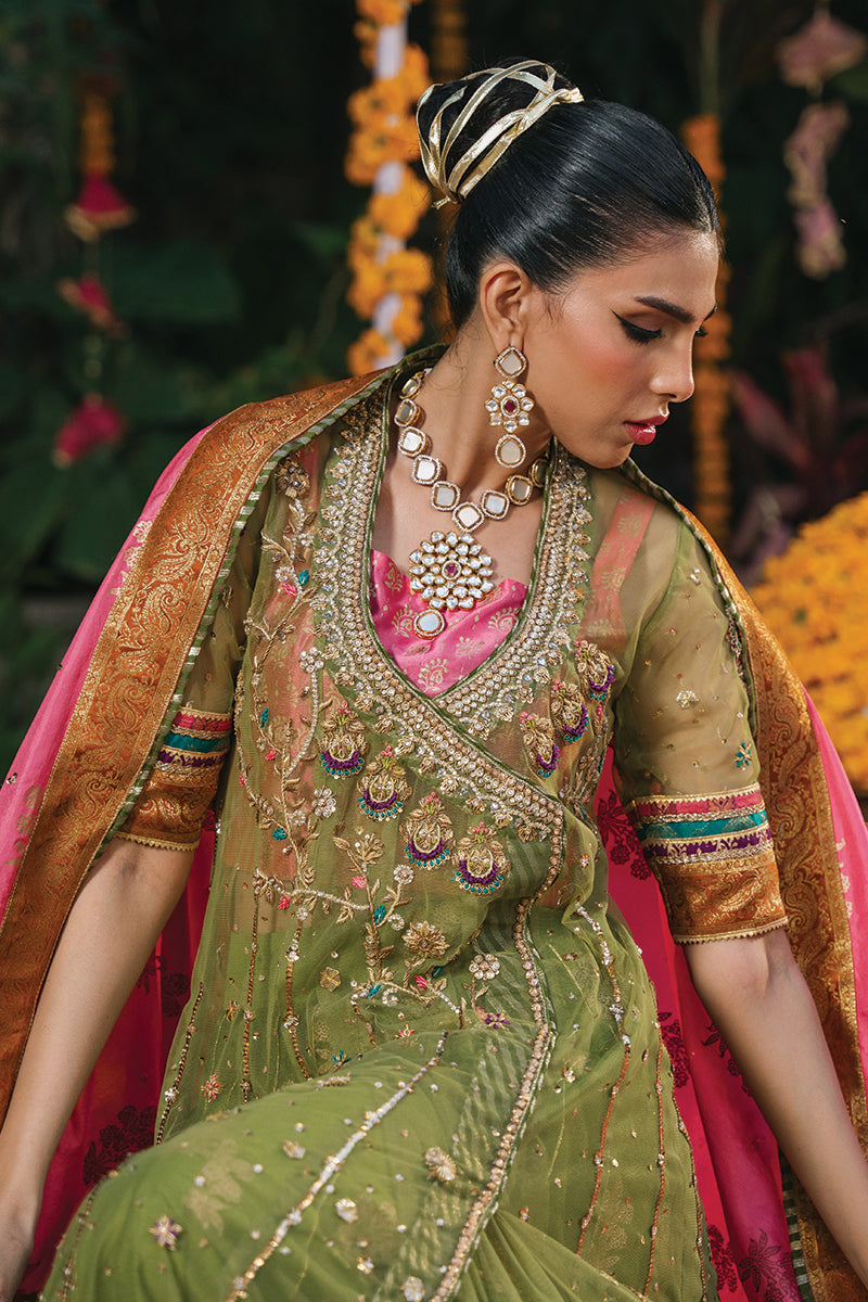 Moss Green Zardozi Net Angrakha Lehenga (3-Piece) - Image 3