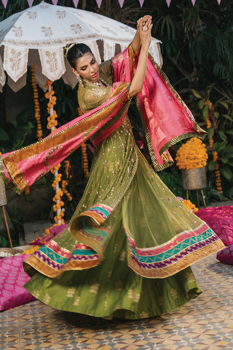 Moss Green Zardozi Net Angrakha Lehenga (3-Piece) - Image 4