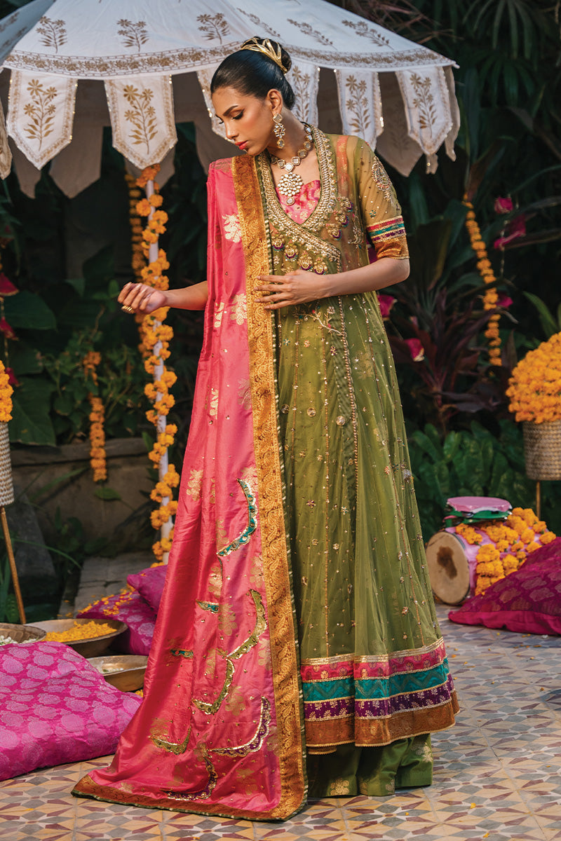Moss Green Zardozi Net Angrakha Lehenga (3-Piece) - Image 5