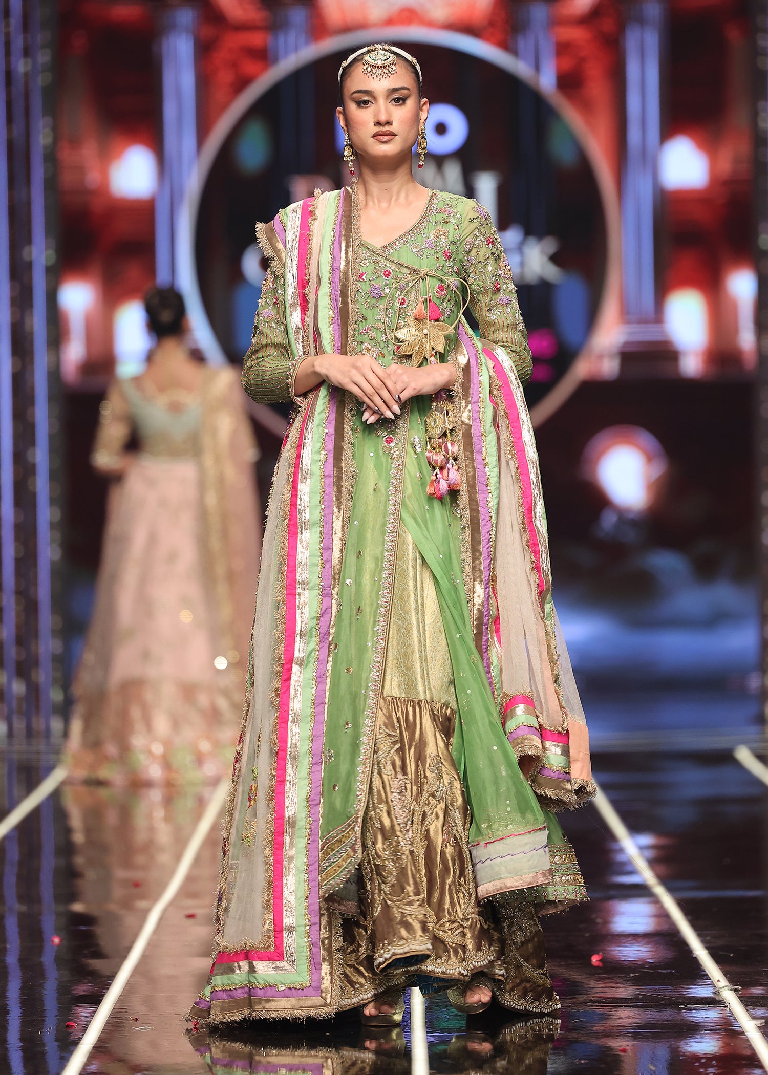 Pakistani Parrot Green Embroidered Organza Angrakha (3-Piece) - Image 1