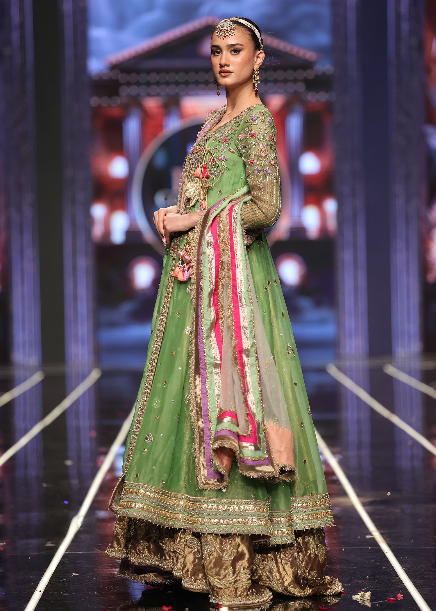 Pakistani Parrot Green Embroidered Organza Angrakha (3-Piece) - Image 2