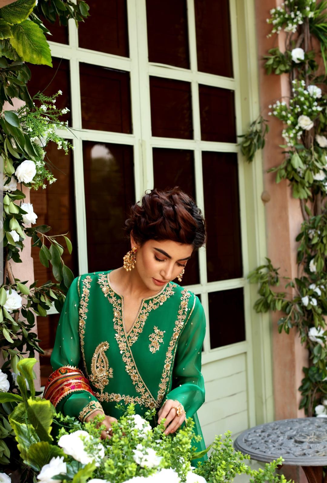 Pakistani Emerald Green Gold Zardozi Pure Organza Angrakha Gown (3-Piece) - Image 1