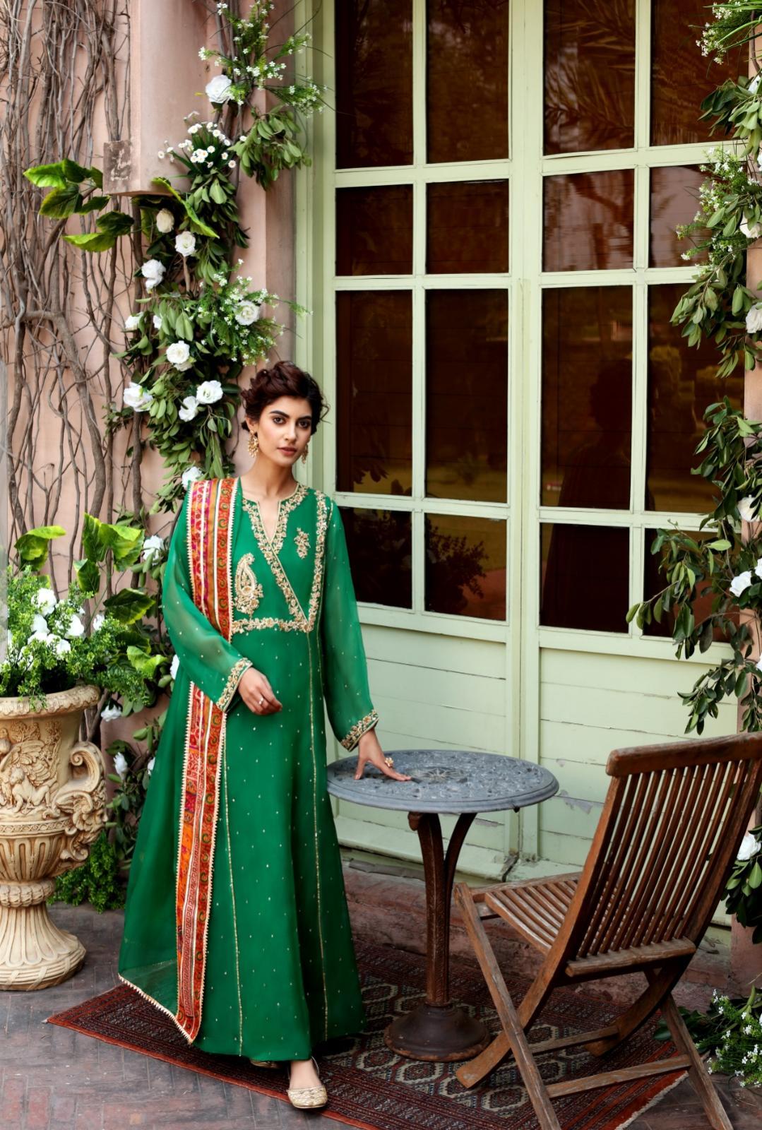 Pakistani Emerald Green Gold Zardozi Pure Organza Angrakha Gown (3-Piece) - Image 2