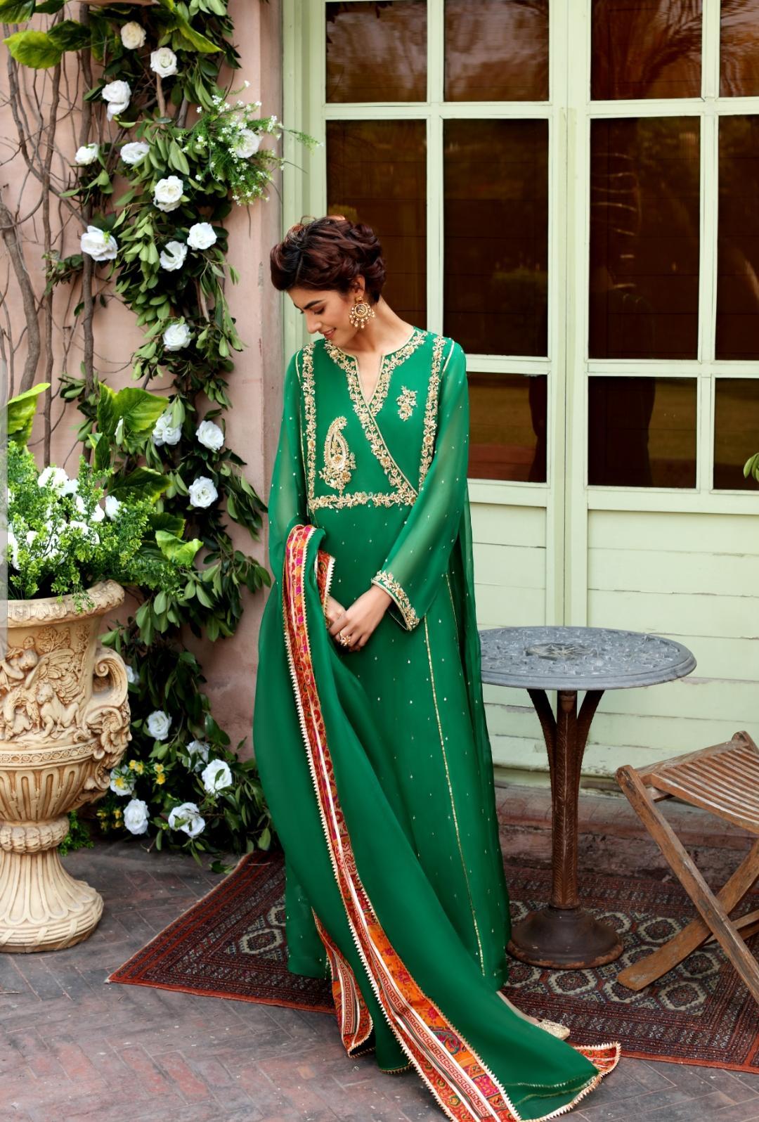 Pakistani Emerald Green Gold Zardozi Pure Organza Angrakha Gown (3-Piece) - Image 3