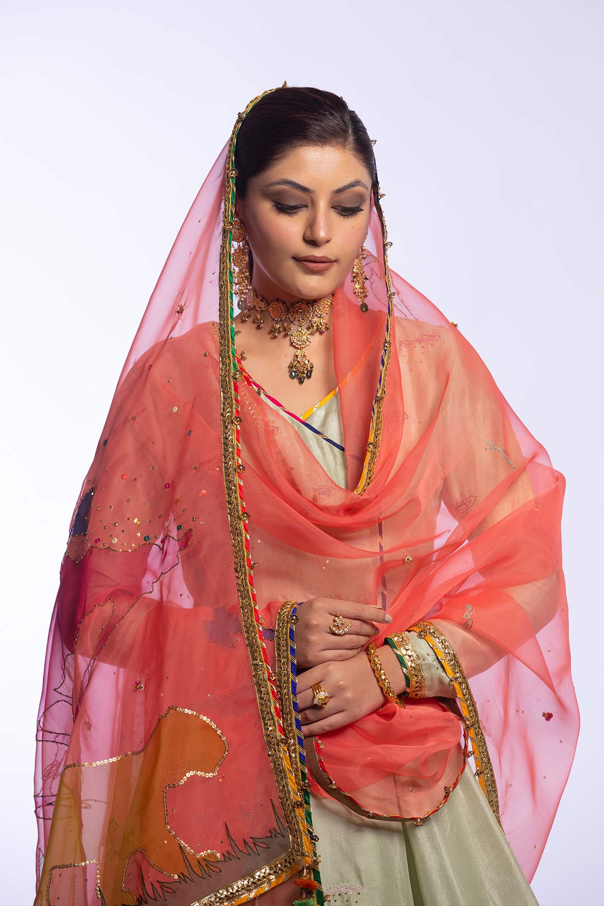 Mint Green Embroidered Raw Silk Angrakha & Gharara (3-Piece) - Image 4