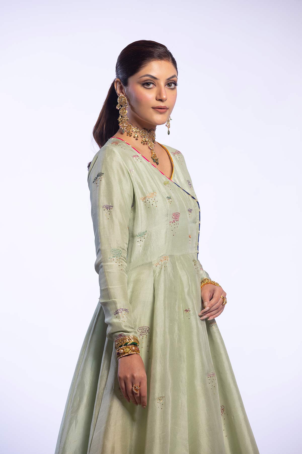 Mint Green Embroidered Raw Silk Angrakha & Gharara (3-Piece) - Image 7