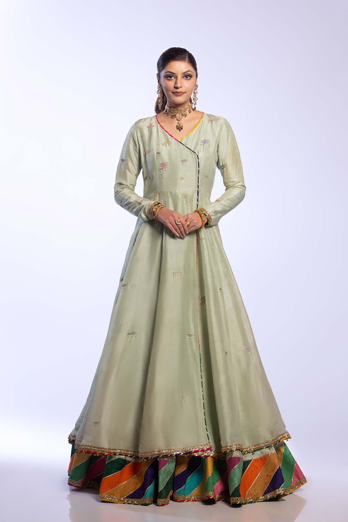 Mint Green Embroidered Raw Silk Angrakha & Gharara (3-Piece) - Image 8