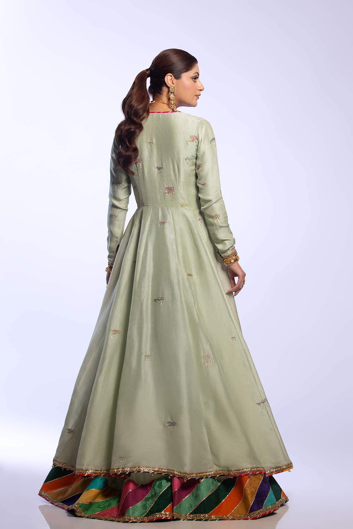 Mint Green Embroidered Raw Silk Angrakha & Gharara (3-Piece) - Image 9