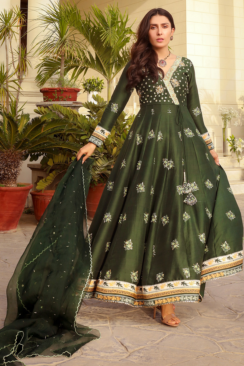 Emerald Embellished Silk-Blend Angarkha Kalidar (3-Piece) - Image 1