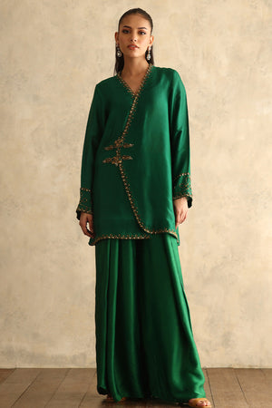 Emerald Green Gold Embroidered Silk Angrakha Jacket (2-Piece) - Image 1