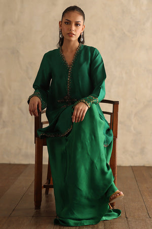 Emerald Green Gold Embroidered Silk Angrakha Jacket (2-Piece) - Image 4