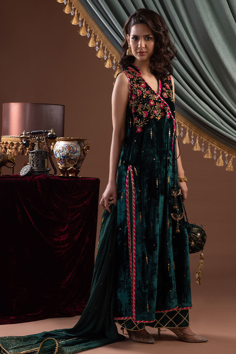 Emerald Green Embroidered Velvet Angrakha (3-Piece) - Image 1