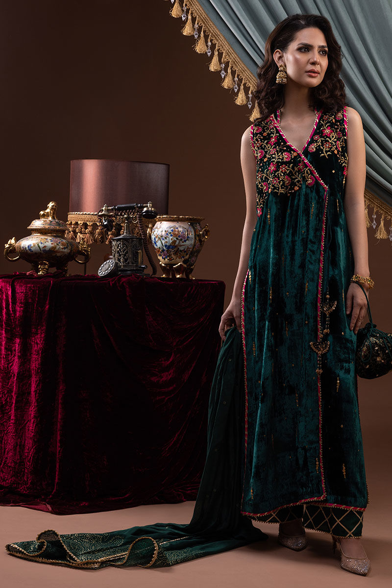 Emerald Green Embroidered Velvet Angrakha (3-Piece) - Image 3