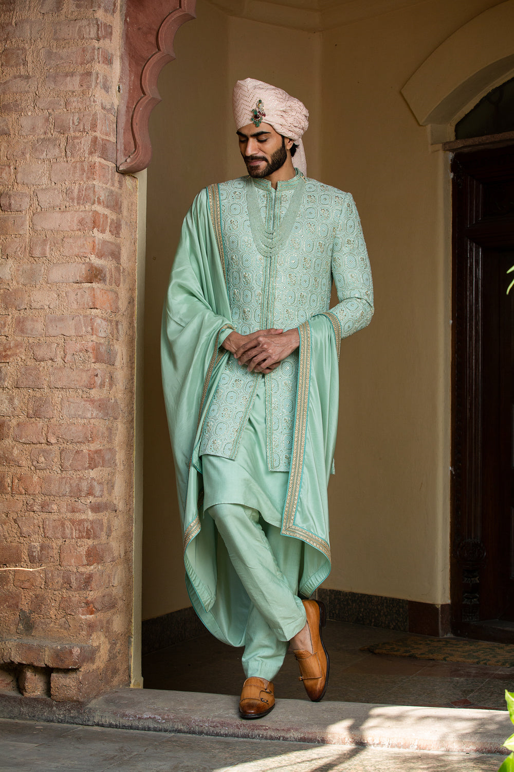 Mint Green Embroidered Monga Tussar Achkan (4-Piece) - Image 1