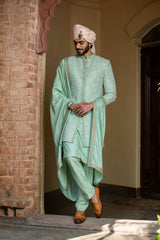 Mint Green Embroidered Monga Tussar Achkan (4-Piece) - Image 2