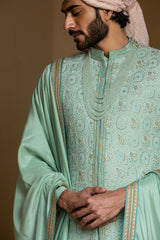 Mint Green Embroidered Monga Tussar Achkan (4-Piece) - Image 3
