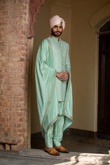 Mint Green Embroidered Monga Tussar Achkan (4-Piece) - Image 4