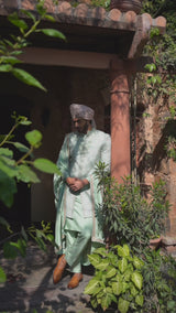 Mint Green Embroidered Monga Tussar Achkan (4-Piece) - Image 6