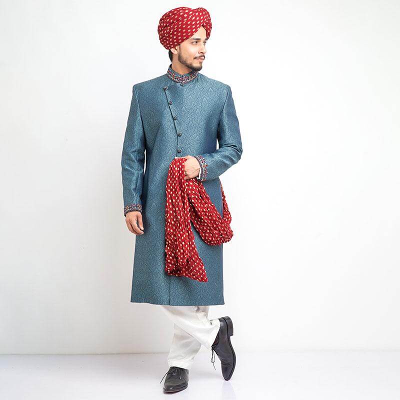 Black and Peppermint Zardozi Brocade Silk Sherwani (3-Piece) - Image 1