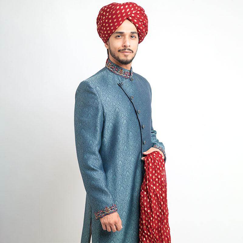 Black and Peppermint Zardozi Brocade Silk Sherwani (3-Piece) - Image 2