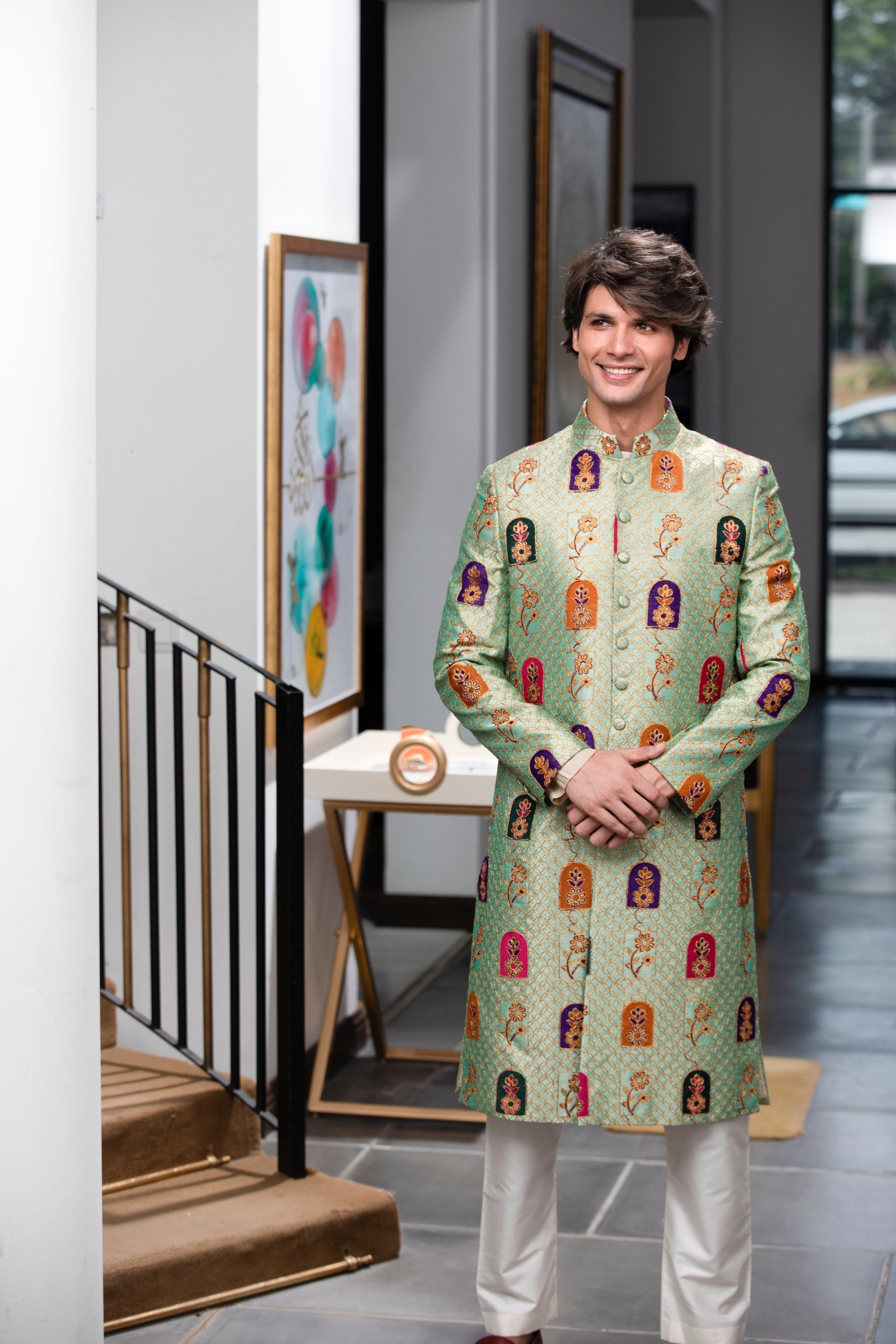 Mint Green Brocade Sherwani with Multicolour Motifs (2-Piece) - Image 1