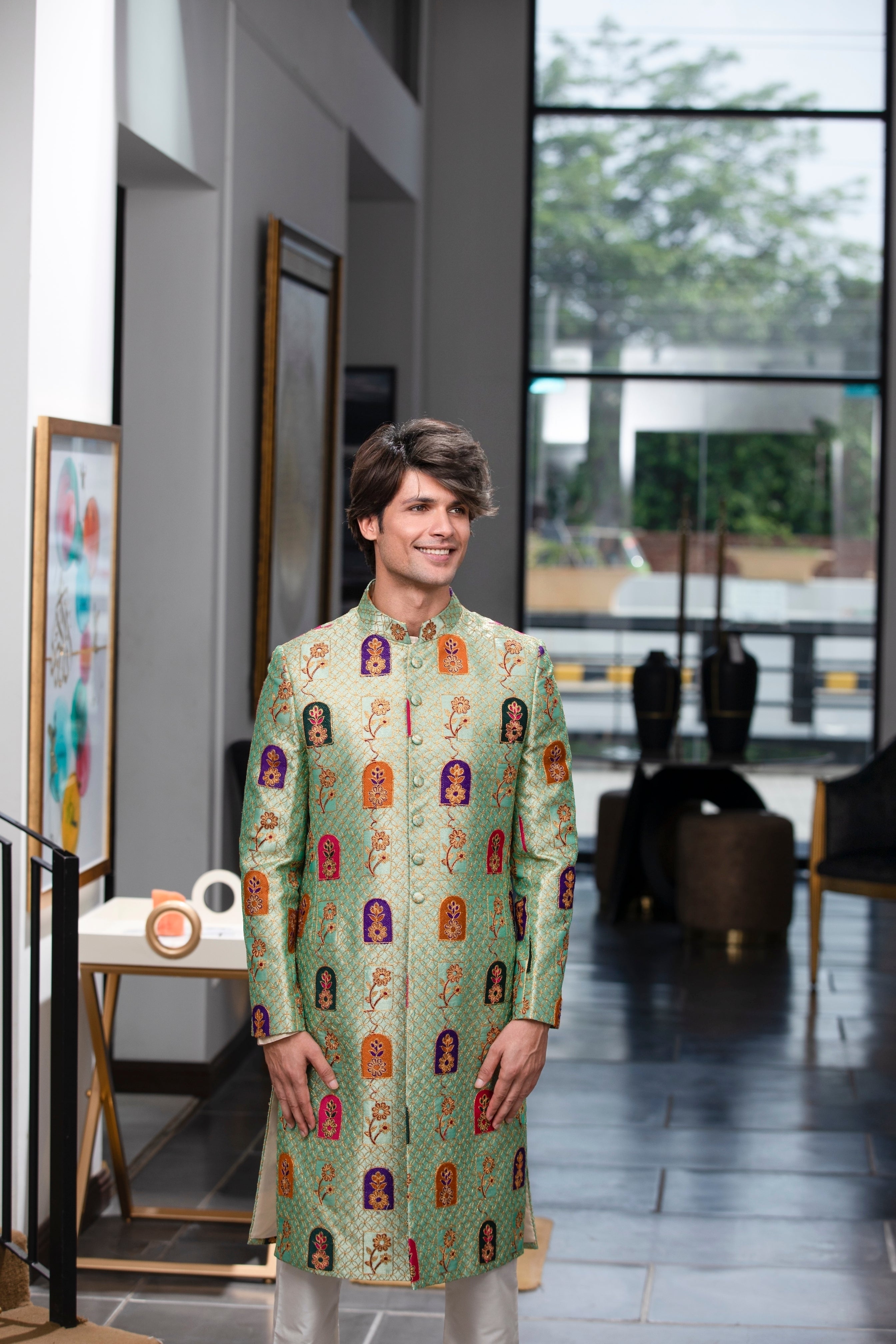 Mint Green Brocade Sherwani with Multicolour Motifs (2-Piece) - Image 3